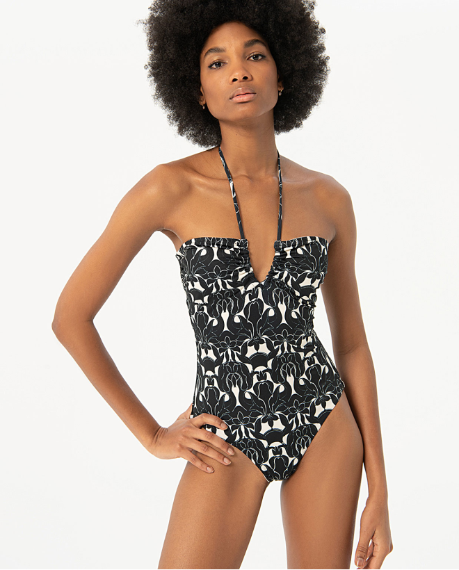 Maillot de bain col V avec encolure et nœud Noir