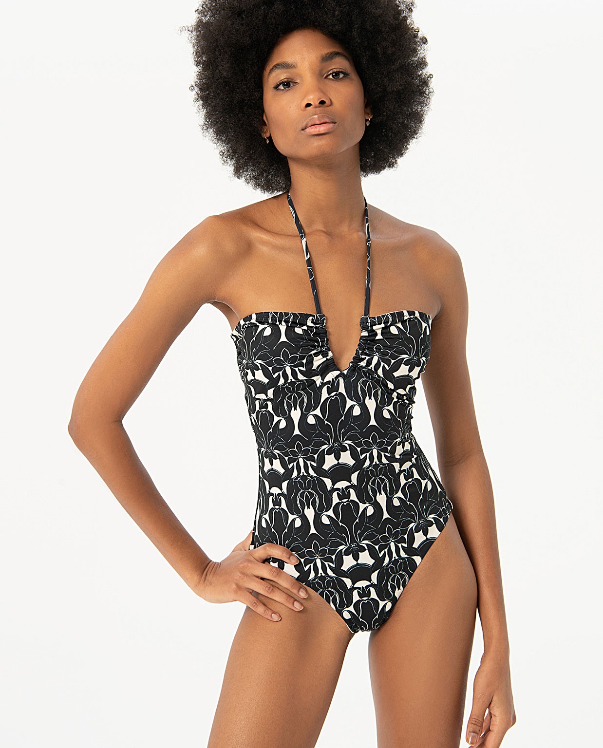 V-neck swimsuit with neck tie Black