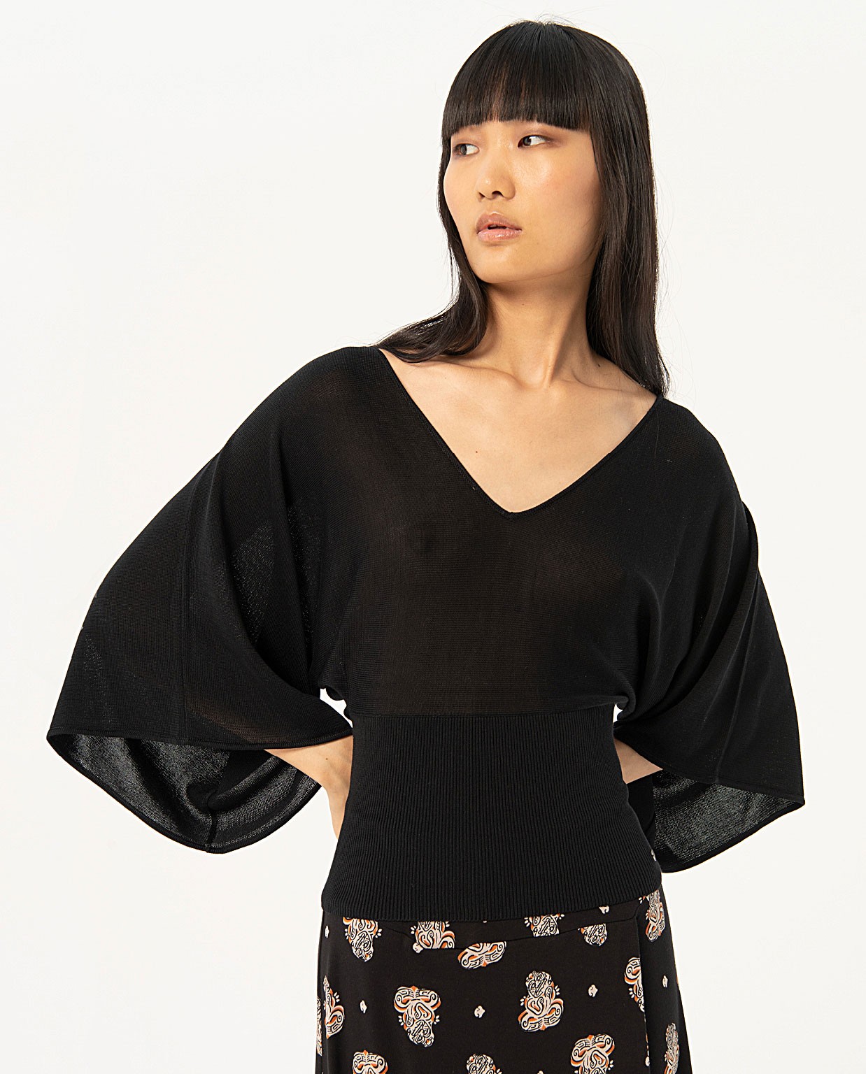 Bat sleeve tricot sweater Black