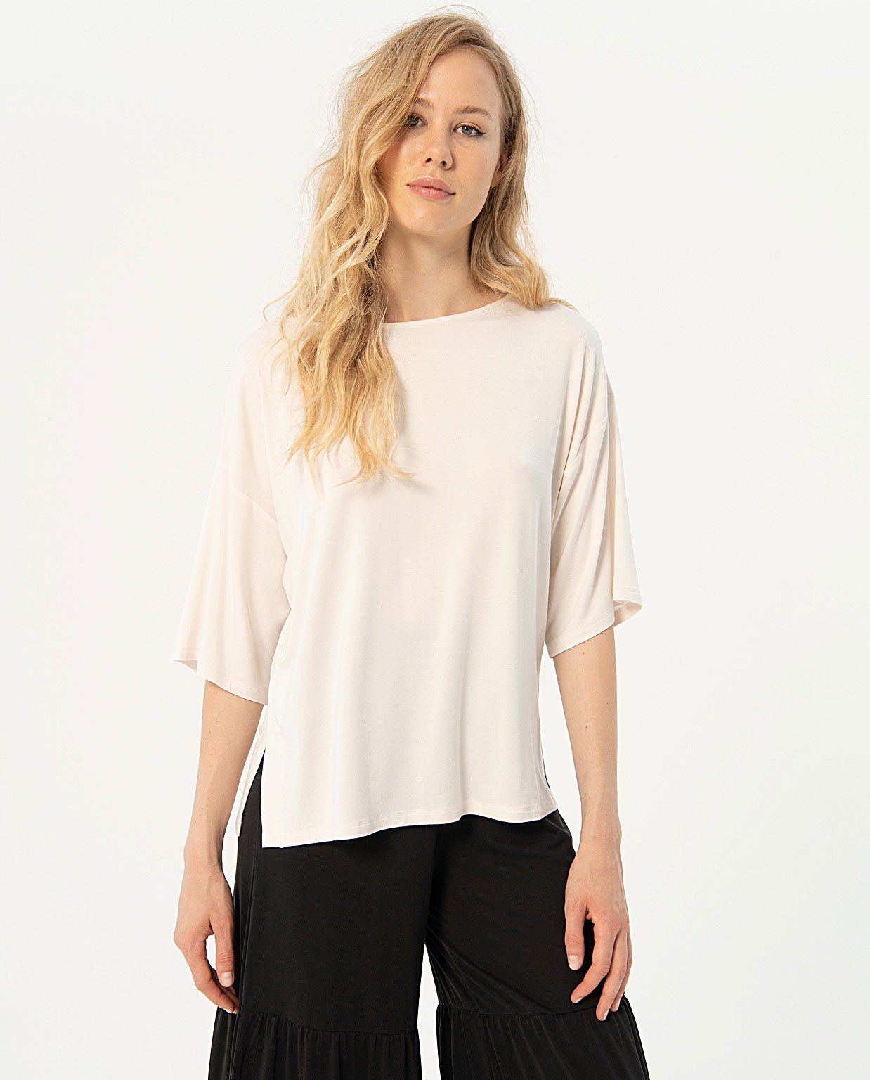 French sleeve elastic T-shirt White