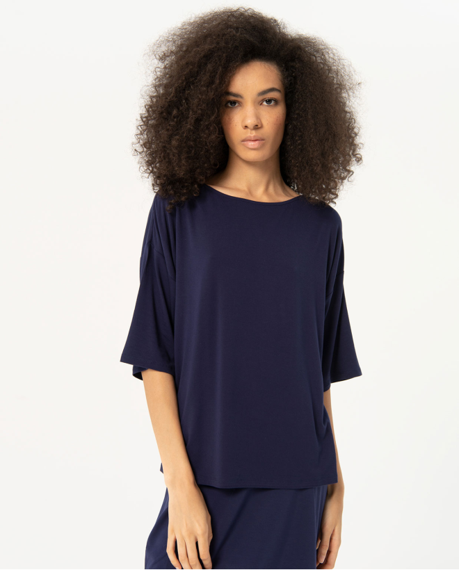 French sleeve elastic T-shirt Navy blue