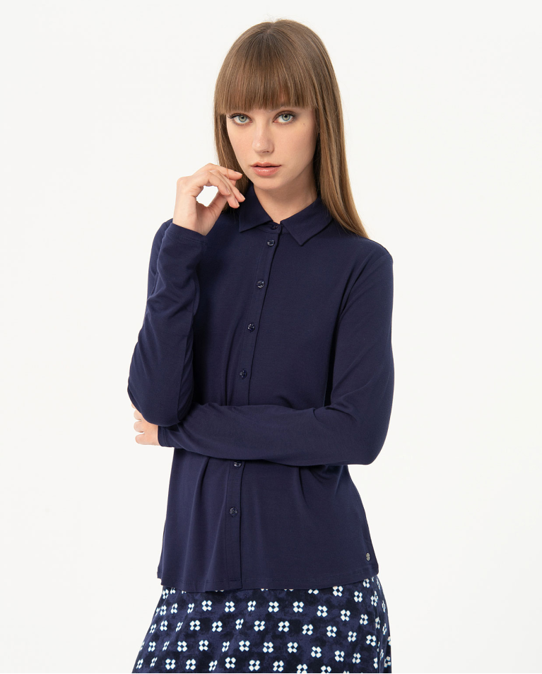 Plain long sleeve elastic shirt Navy blue