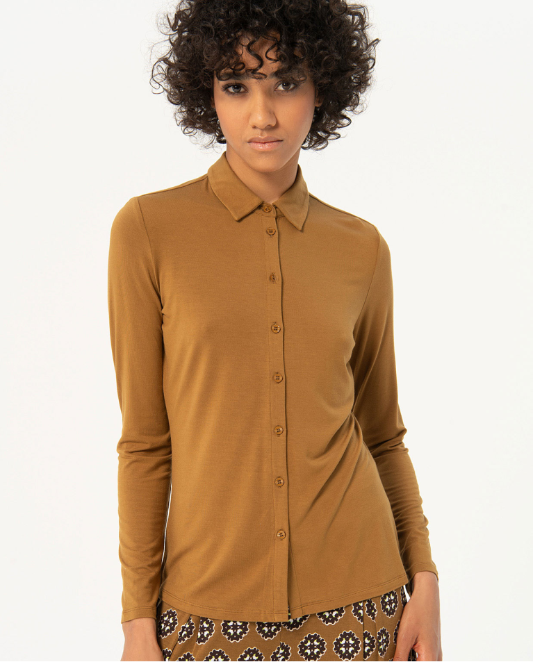 Plain long sleeve elastic shirt Tobacco