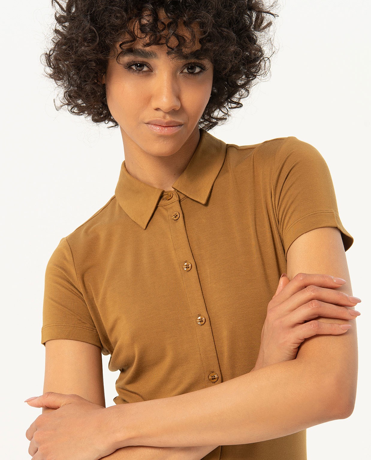 Smooth short sleeve elastic shirt Tobacco