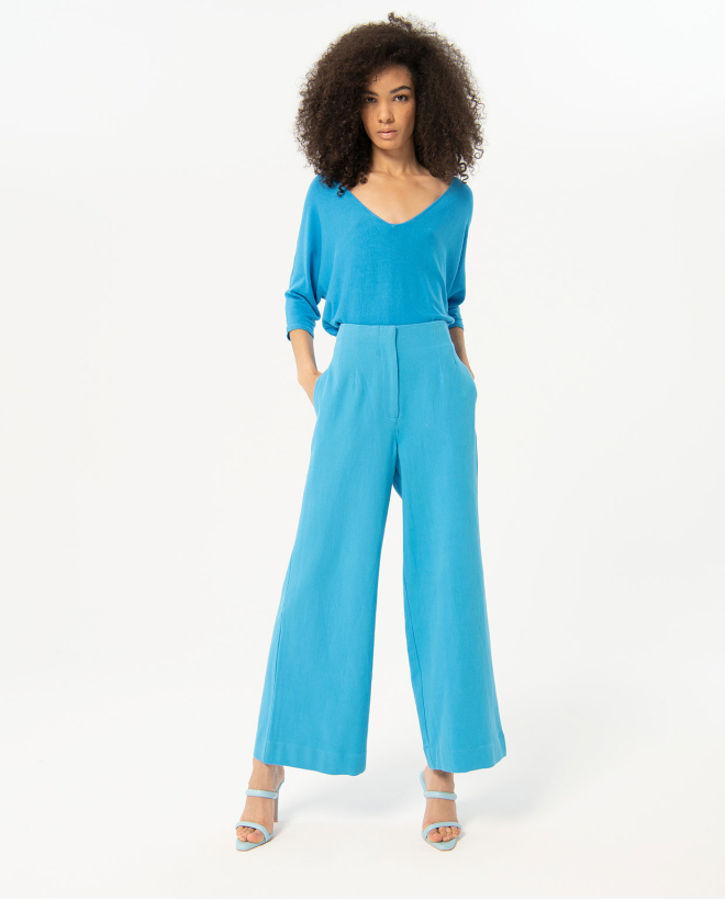 Pantalon uni en coton à pinces Bleu