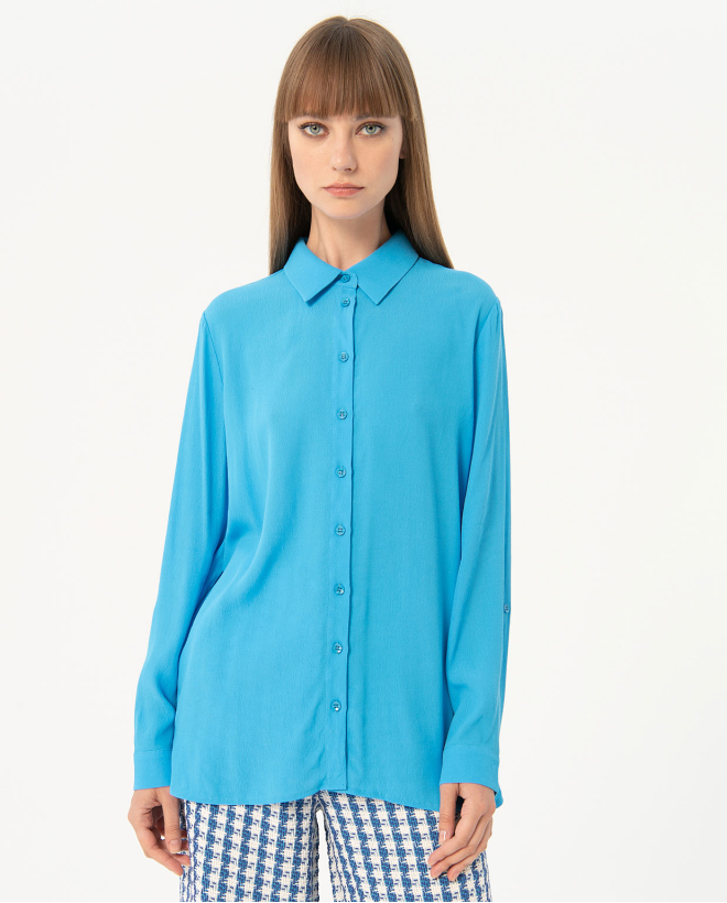 Chemise unie en crêpe à manches longues Bleu