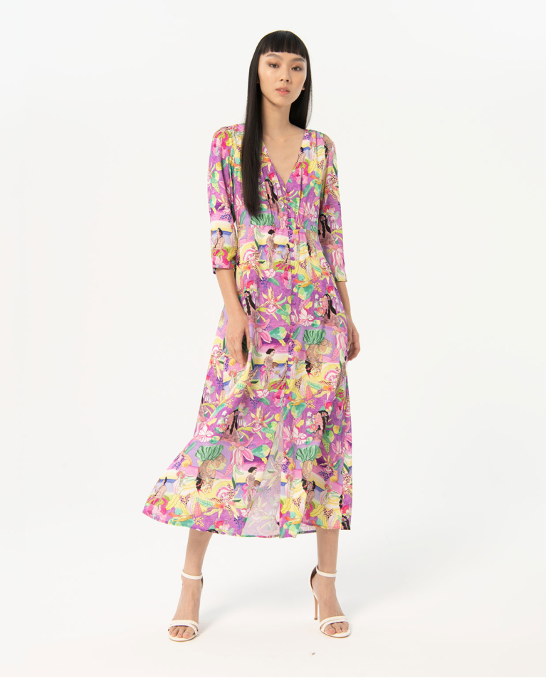 Robe longue fluide imprimée Multi