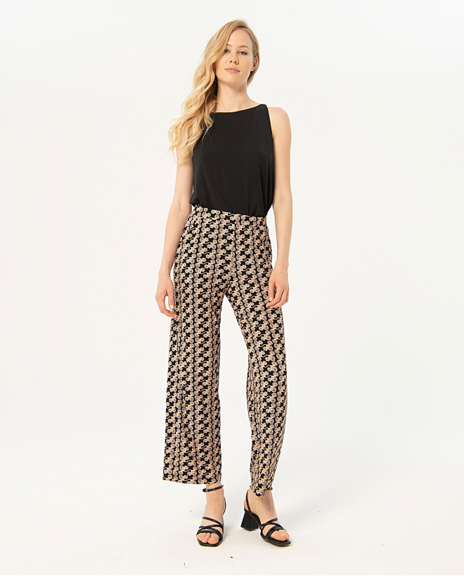 Printed elastic straight pants Black