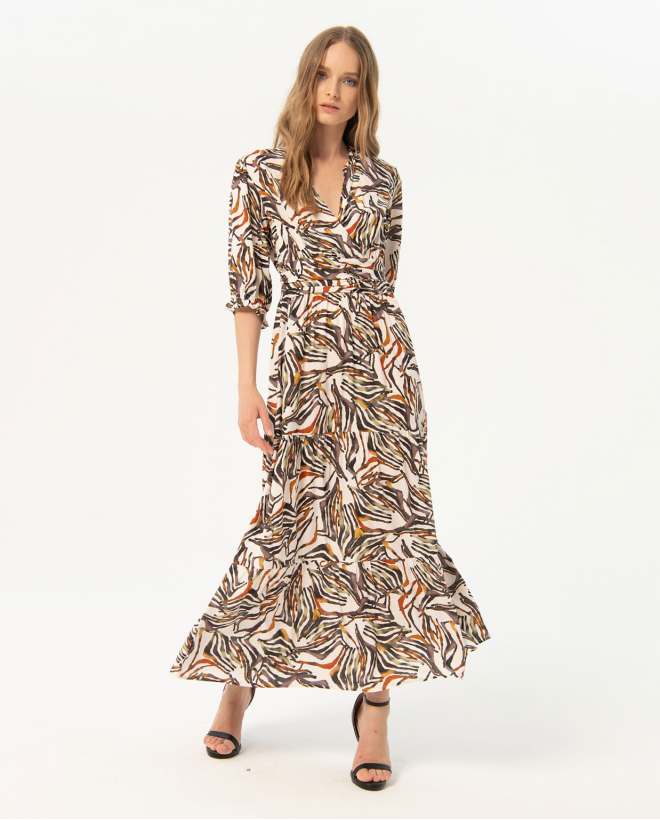 Printed long dress with ruffles Black