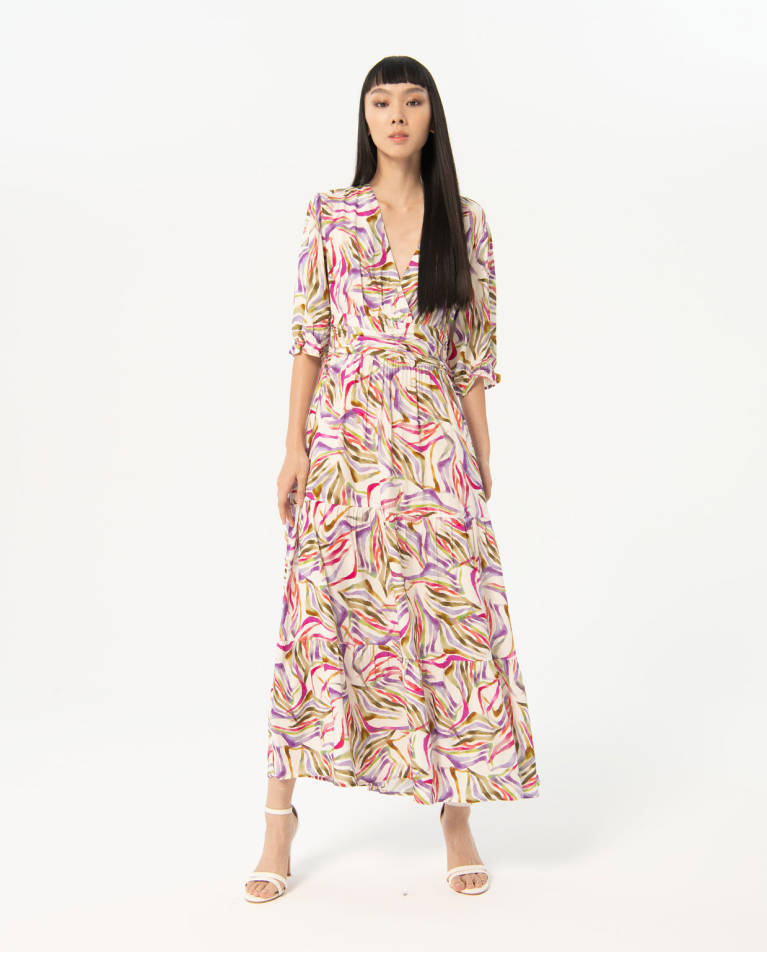 Robe longue imprimée à volants Multi