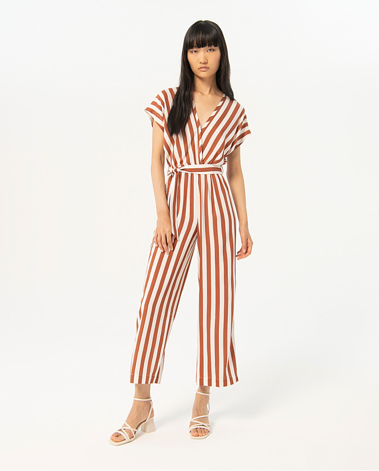 Striped satin jumpsuit Brown