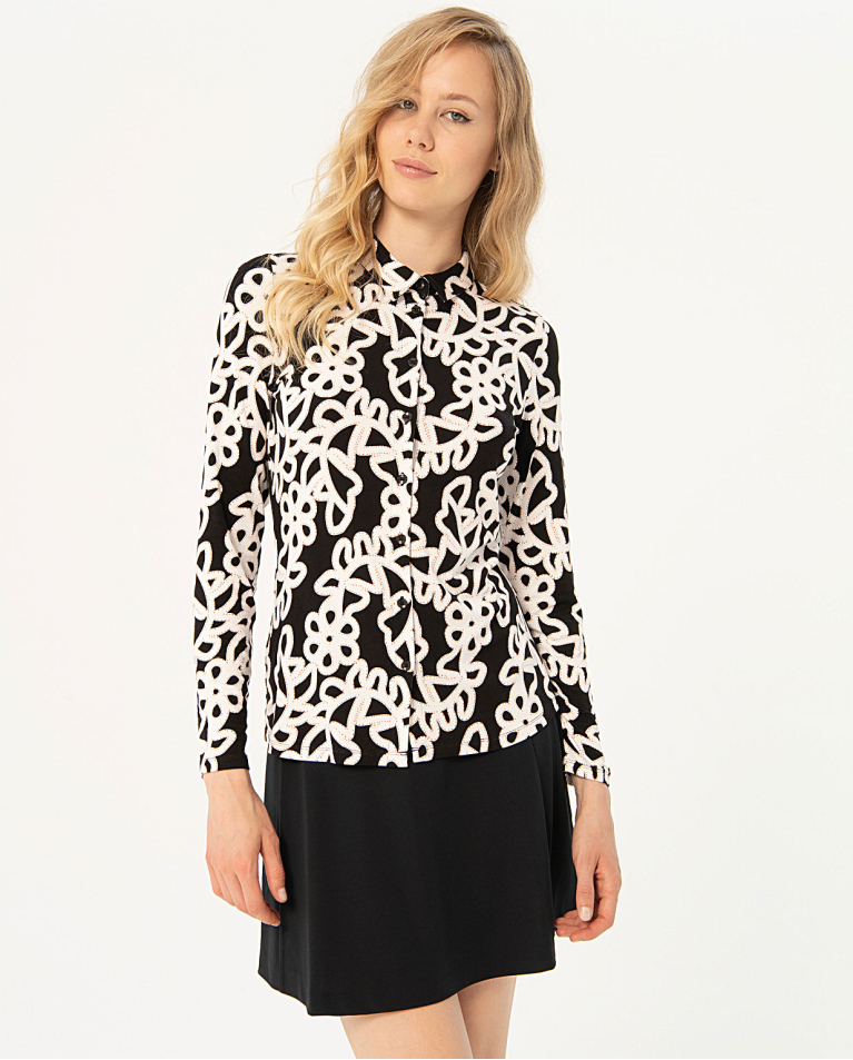 Printed long sleeve elastic shirt Black