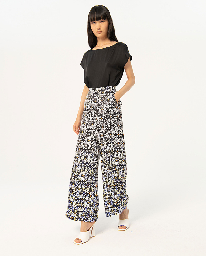 Printed satin wide pants Black