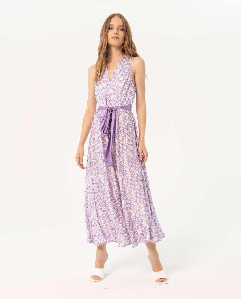 Robe longue et croisée en satin imprimé Lila