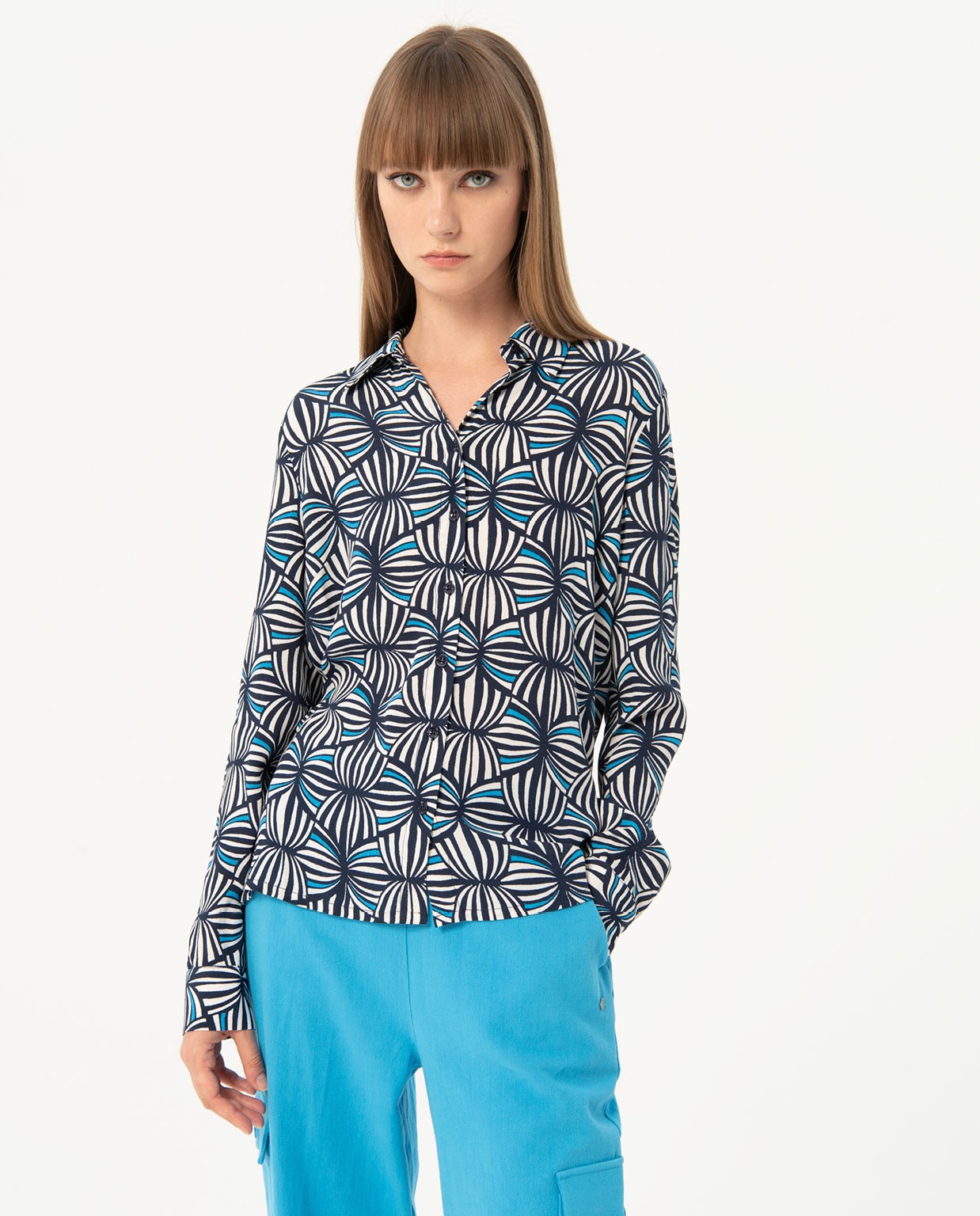 Long sleeve printed crepe shirt Navy blue