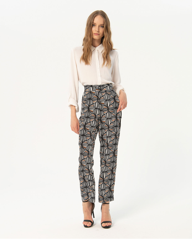 Printed crepe high waisted straight long pants Black