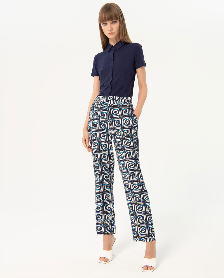 Pantalon long droit taille haute en crêpe imprimé Bleu marine