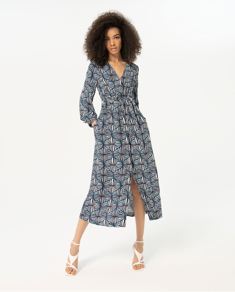 Robe longue ceinturée en crêpe imprimé Bleu marine