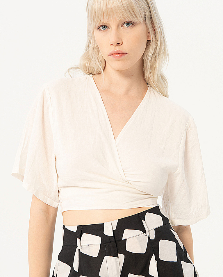 Plain wide sleeve crop top blouse White