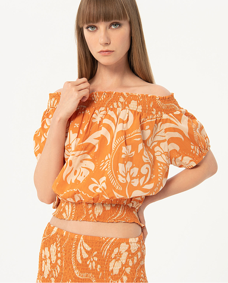 Printed bardot neckline blouse Tile