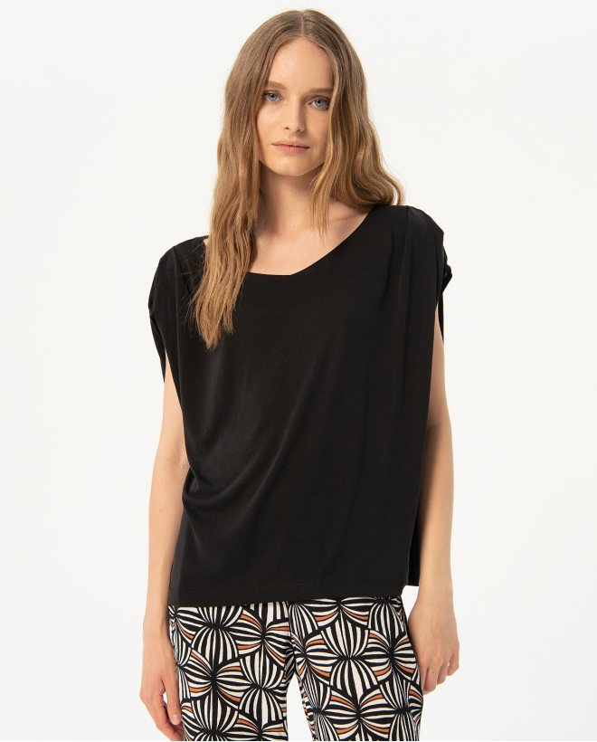 Draped sleeve plain t-shirt Black