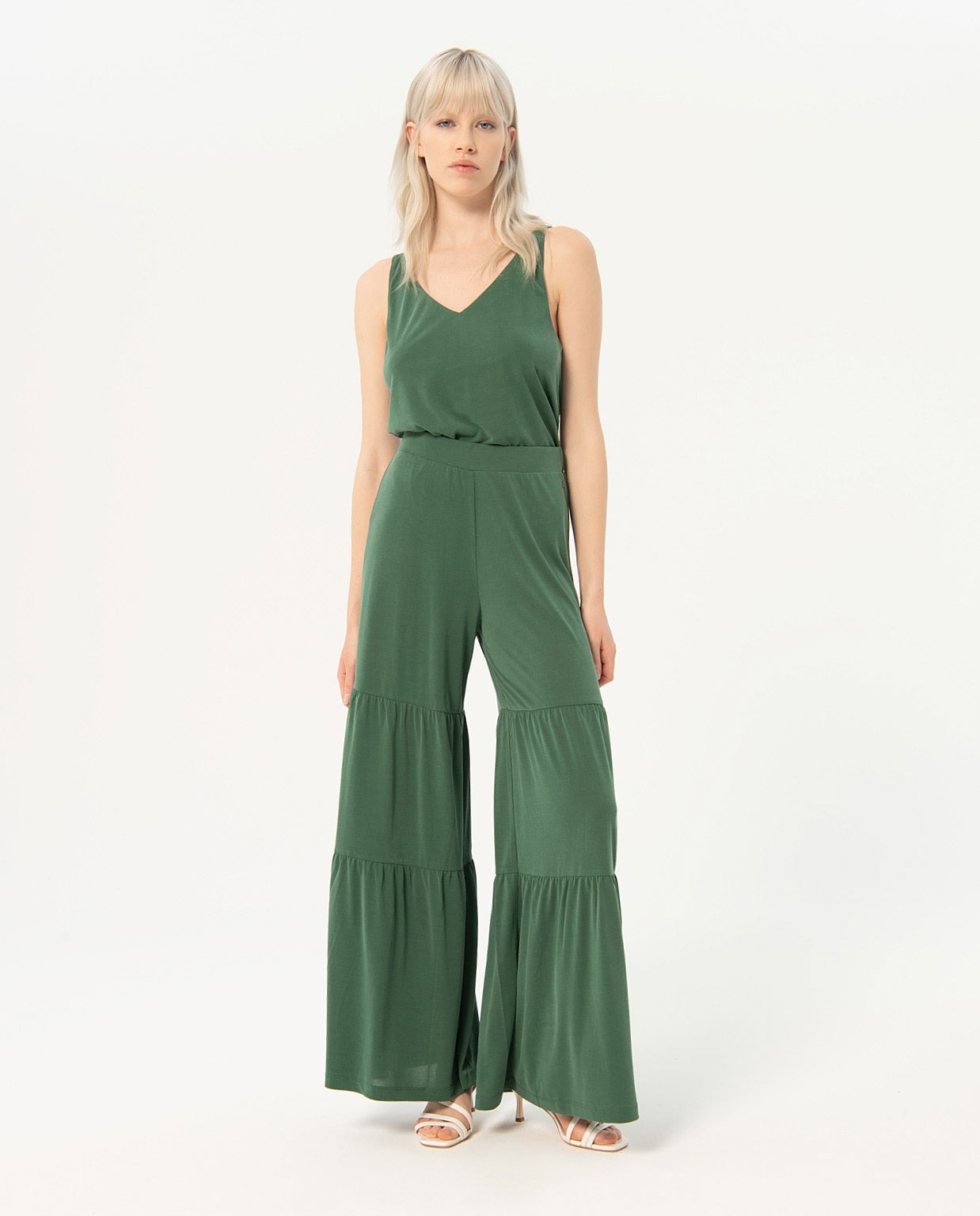 Long pants with ruffles, smooth Khaki