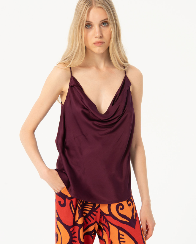 Satin tank top with draped...