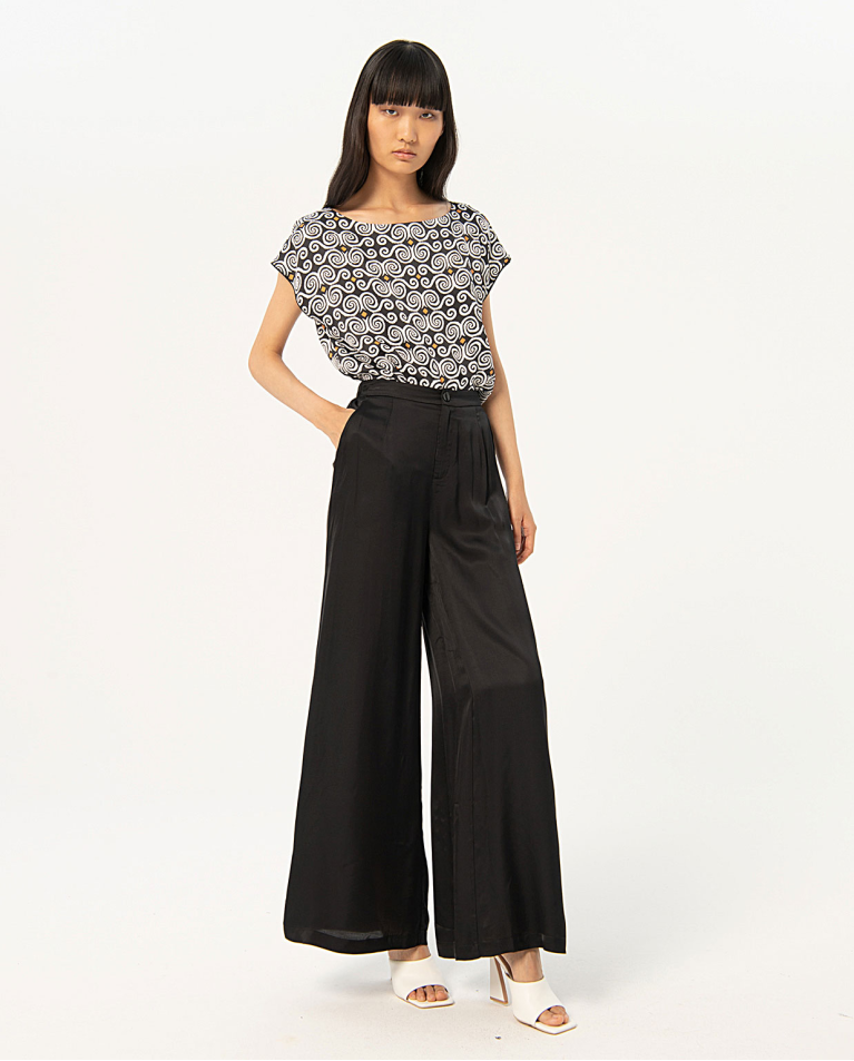 Pantalon large en satin uni Noir