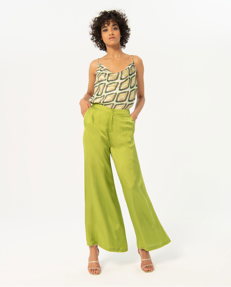 Plain satin wide pants Green