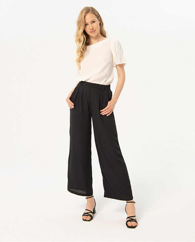 Wide plain crepe wide pants Black