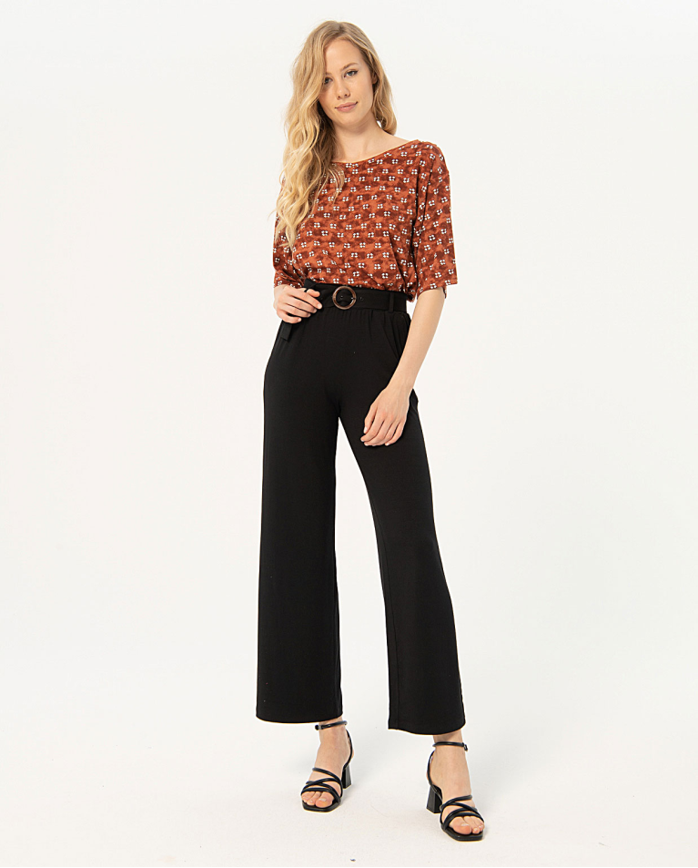 Plain elastic long pants Black