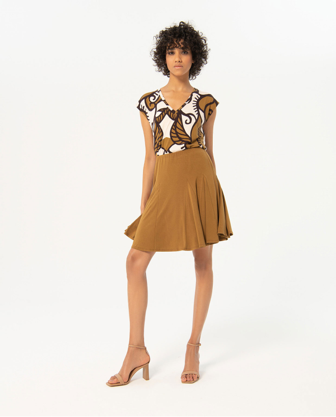 Smooth plain mini skirt with flounce Tobacco