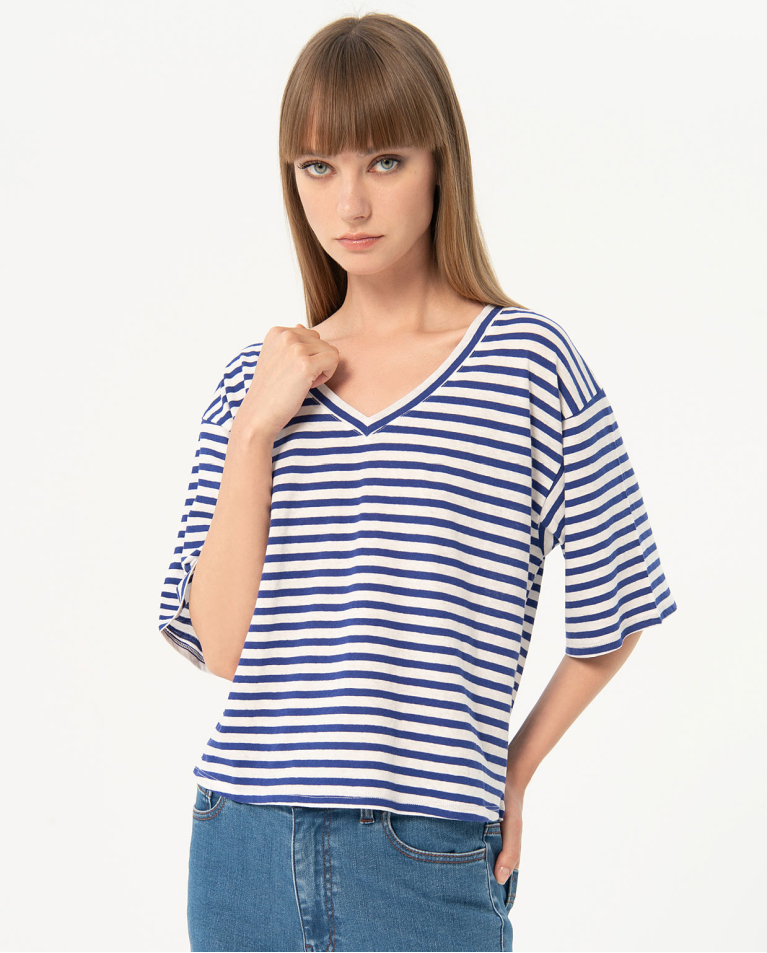 T-shirt large en coton rayé Bleu