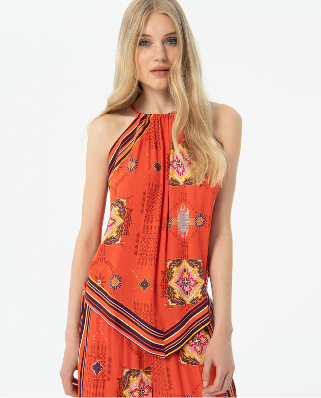 Printed bamboo halter top Coral