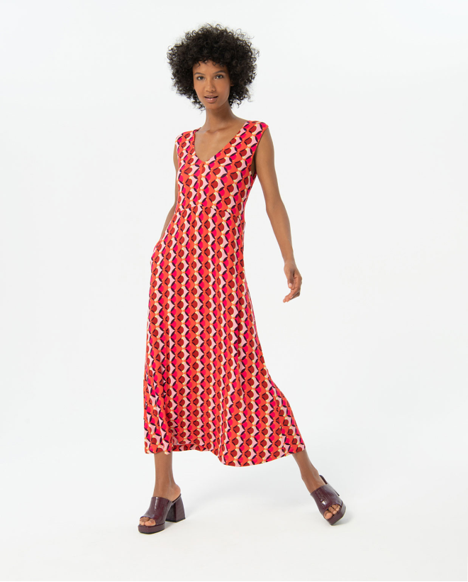 Printed V-neck long dress Fuchsia