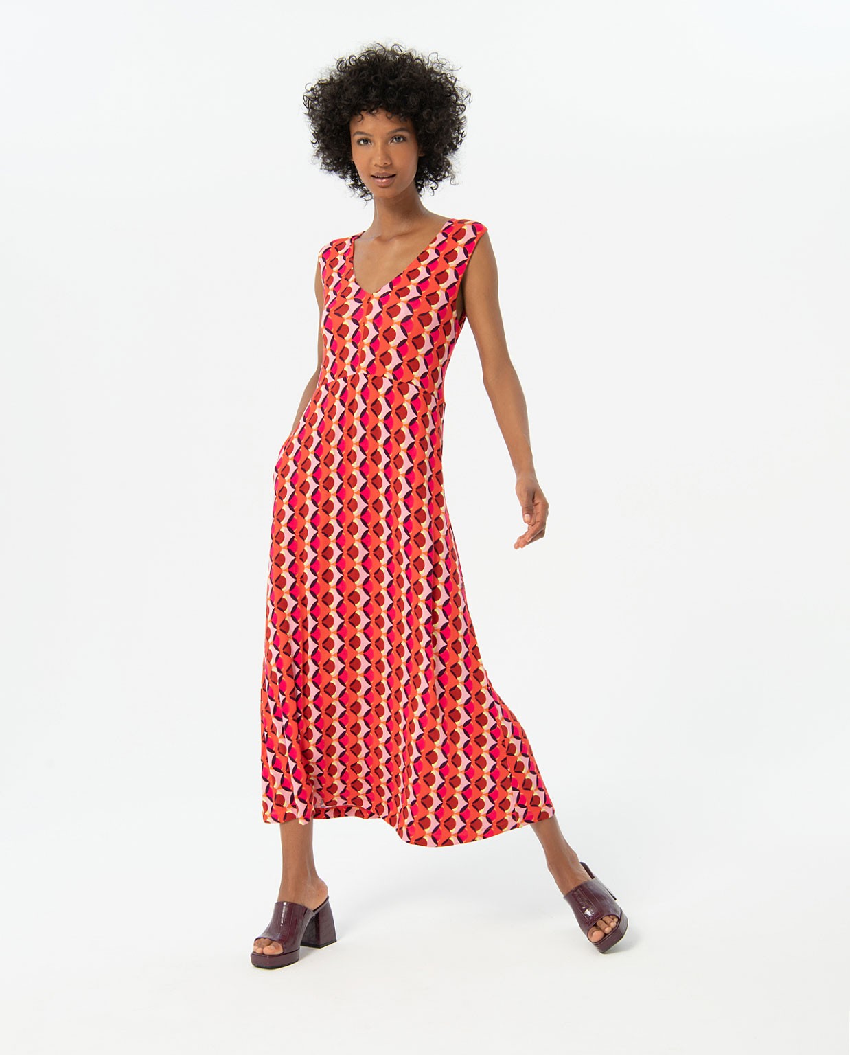 Printed V-neck long dress Fuchsia