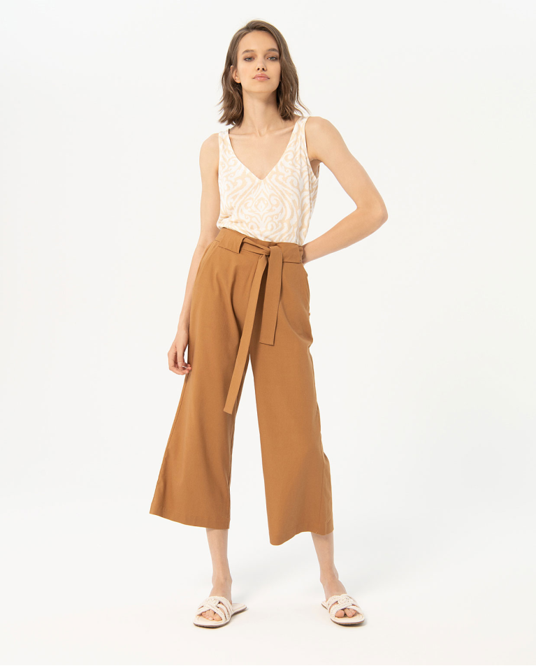 Pantalon droit et large cropped uni Camel