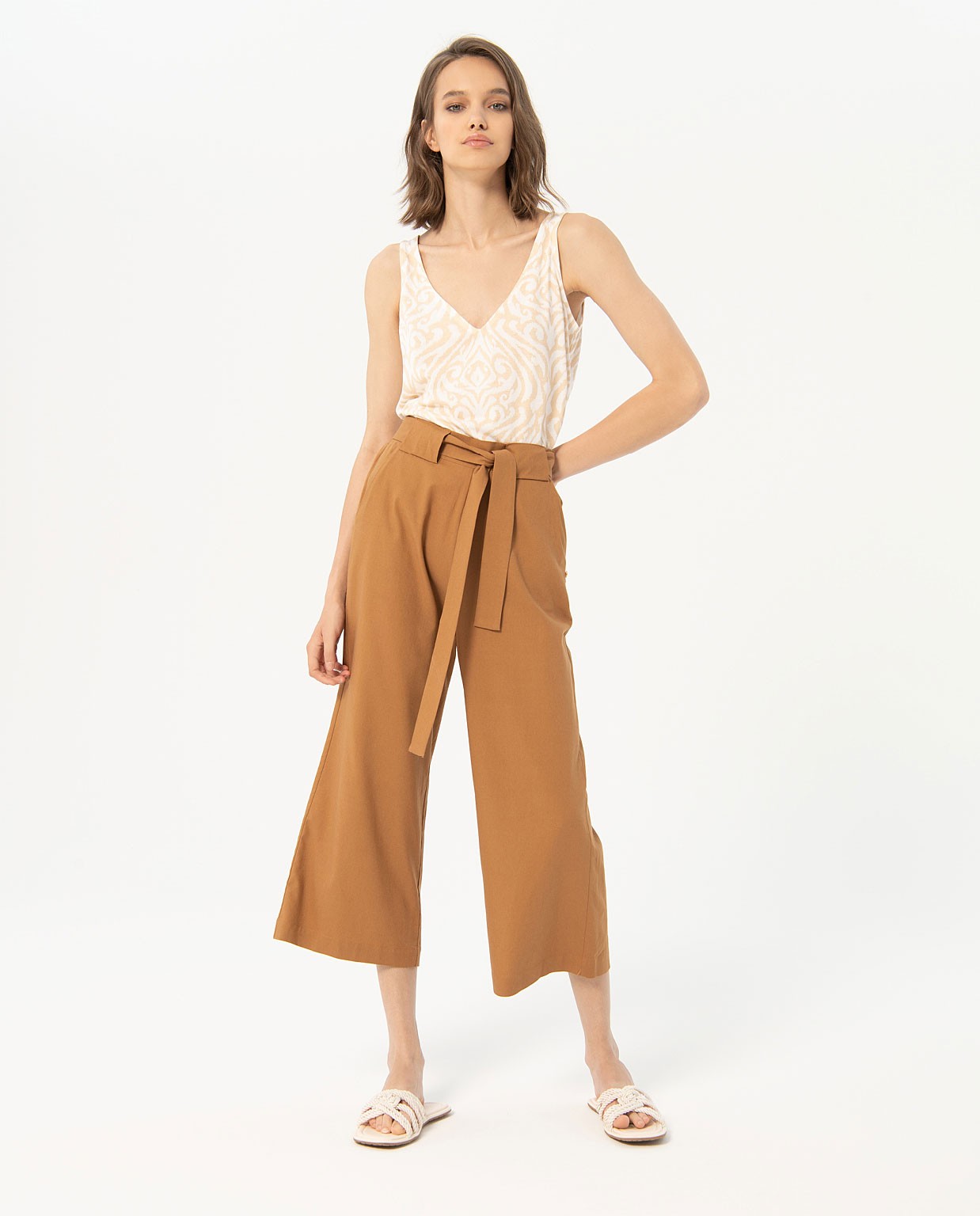 Pantalon droit et large cropped uni Camel