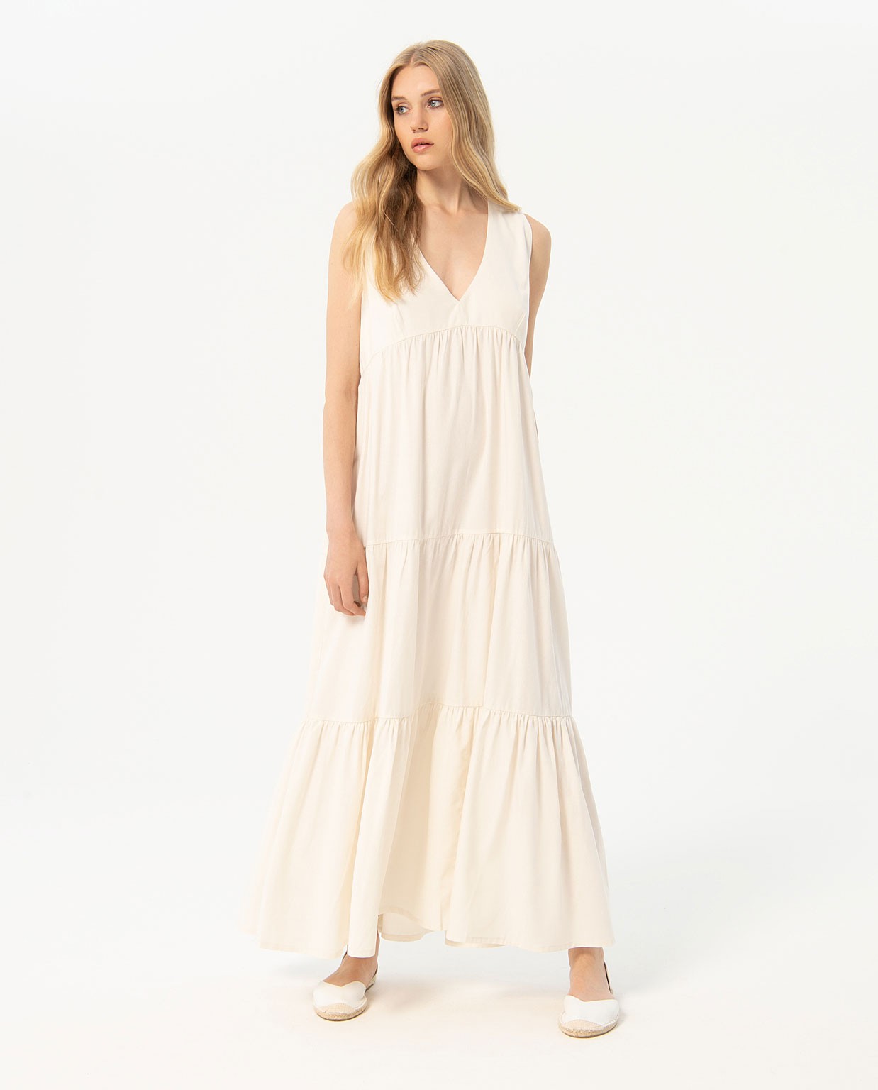 Robe longue sans manches à volants Blanc