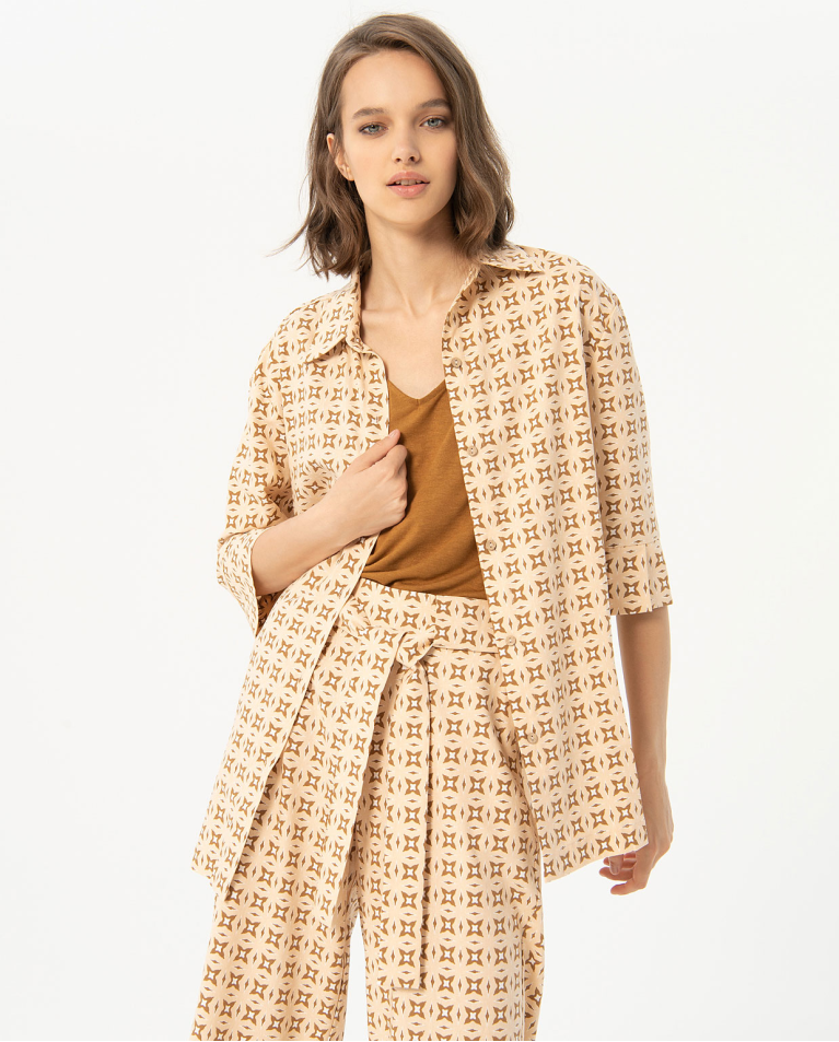 Chemise imprimée à manches 3/4 Beige