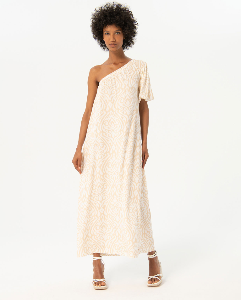 Printed asymmetrical neckline long dress Ecru