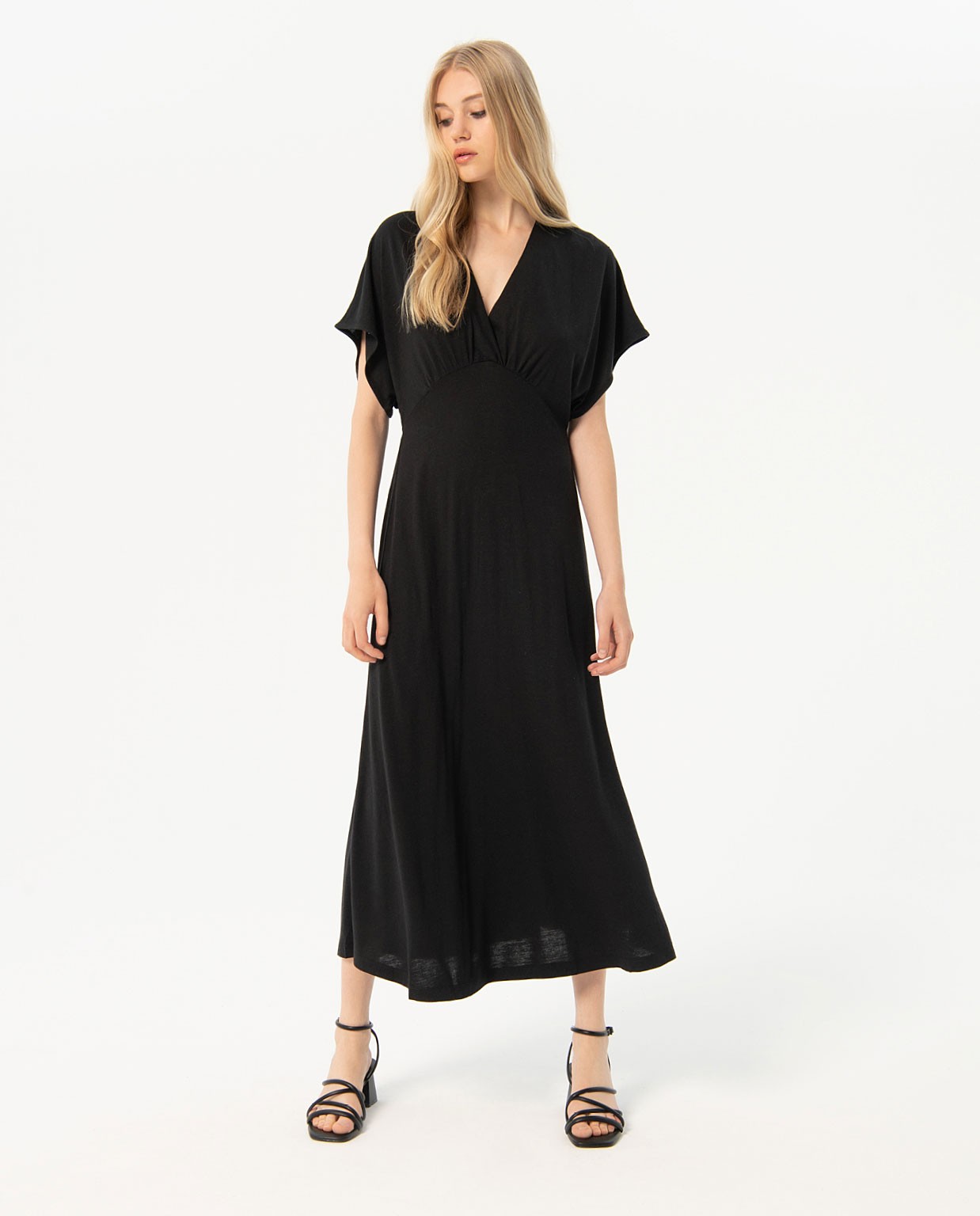 Robe midi unie à manches chauve-souris Noir