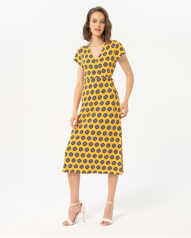 Robe midi croisée imprimée Jaune