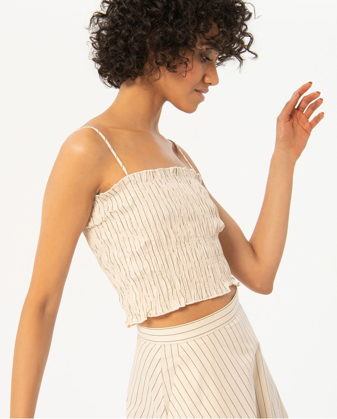 Striped ruffled short top Ecru