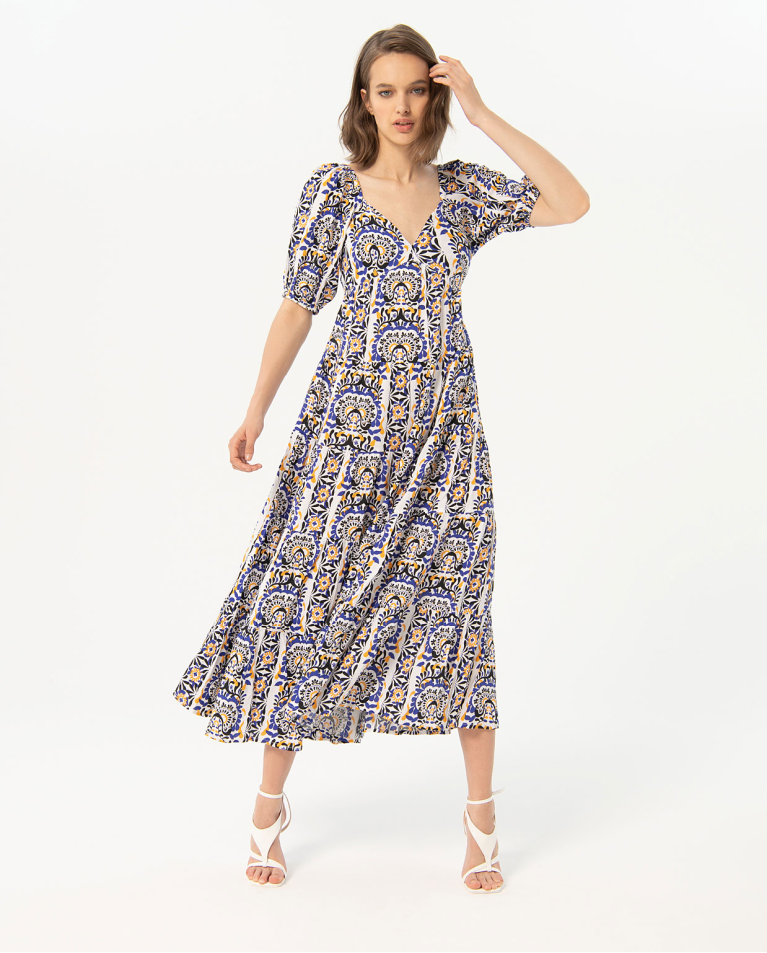 Printed puffed sleeve long dress White