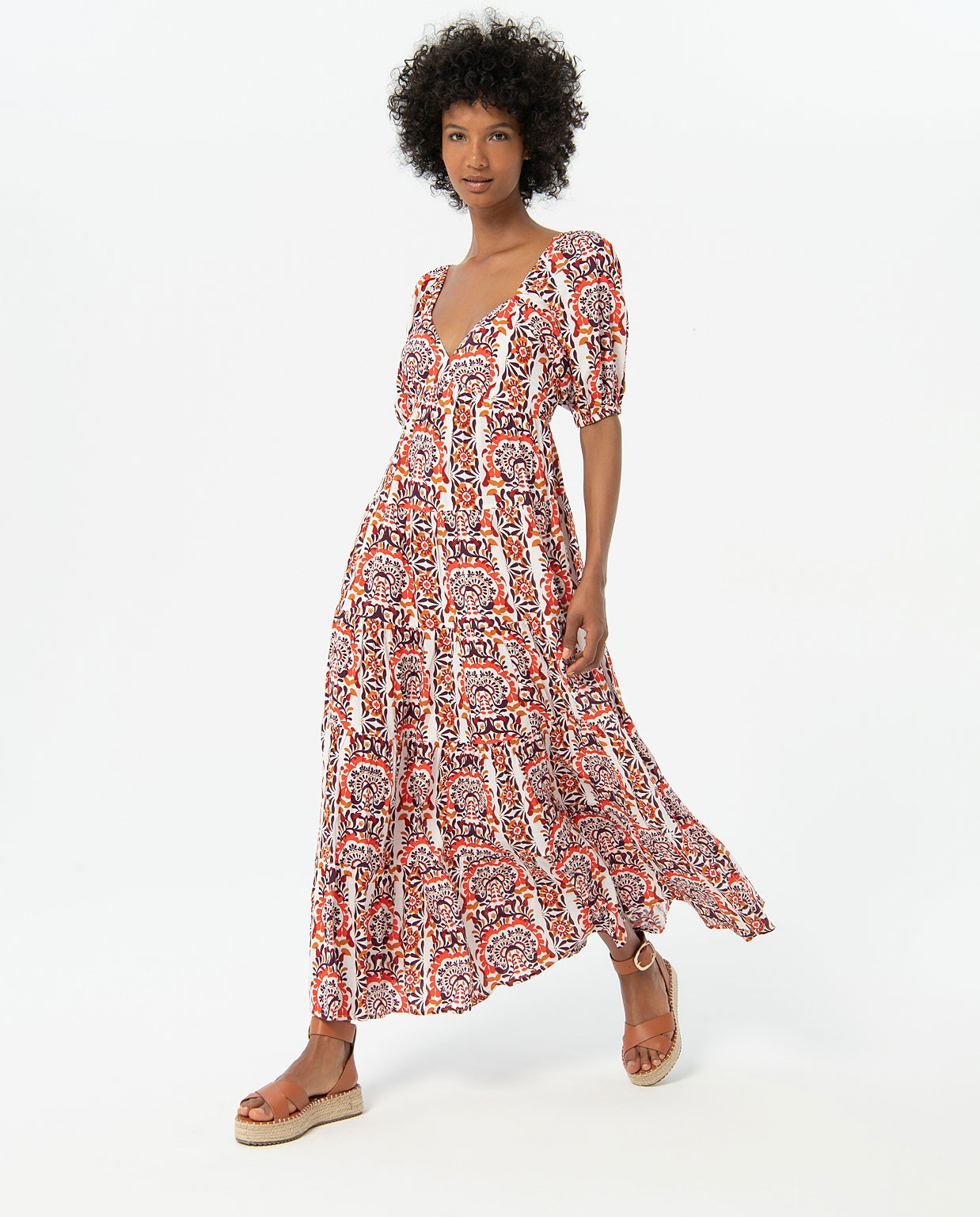 Printed puffed sleeve long dress Multi