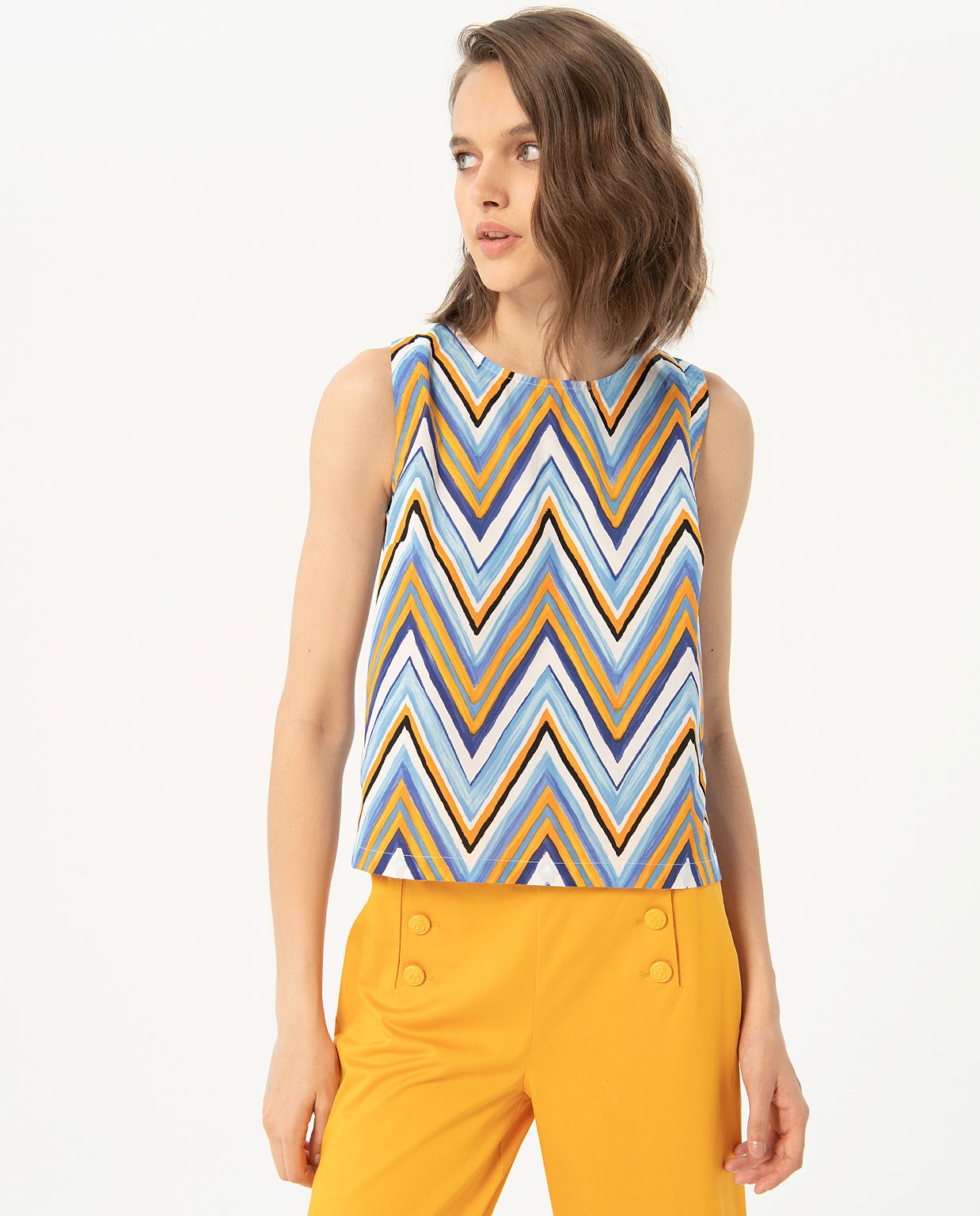 Printed poplin sleeveless short top Blue