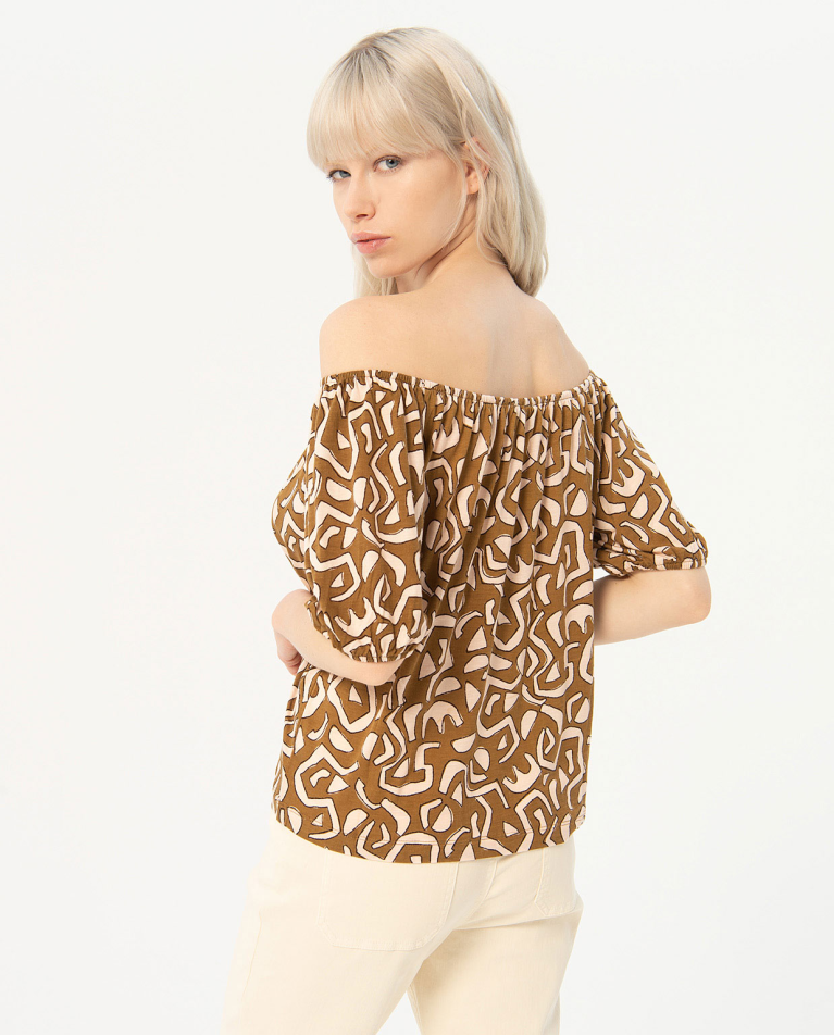 Printed bardot neckline blouse Khaki