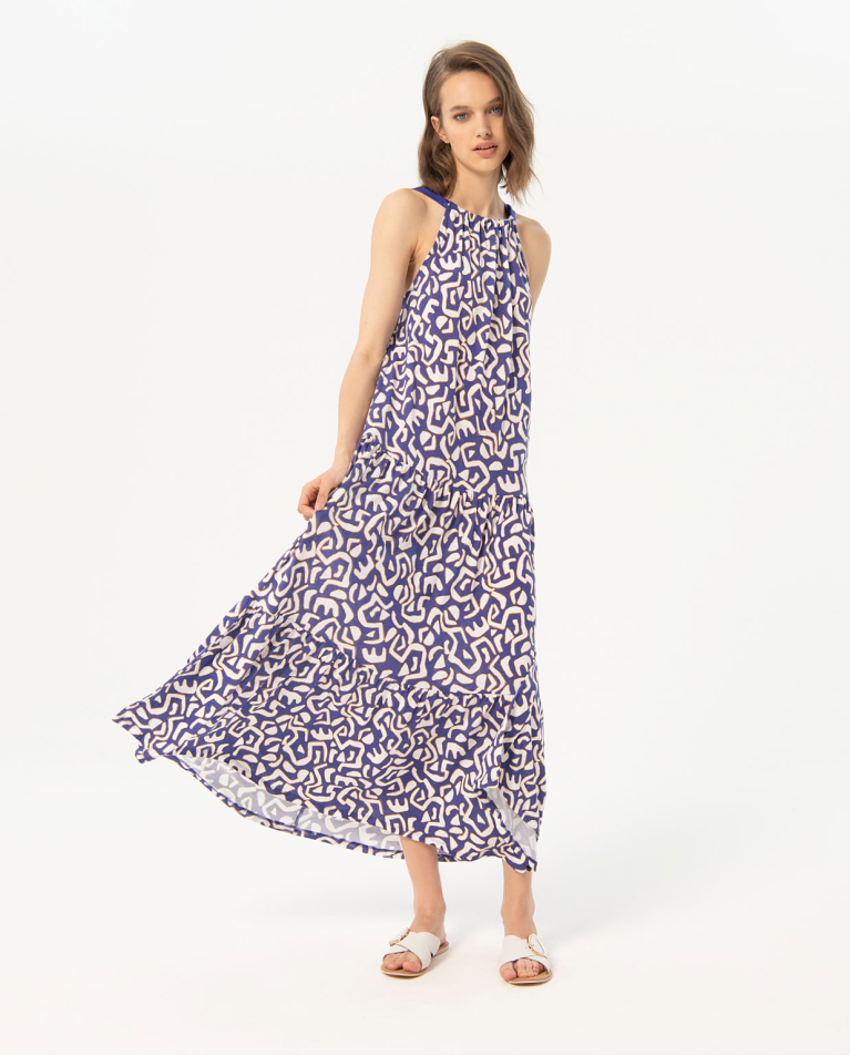 Printed ruffle long dress Blue