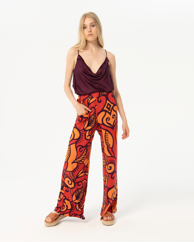 Printed wide and elastic printed long pants Orange